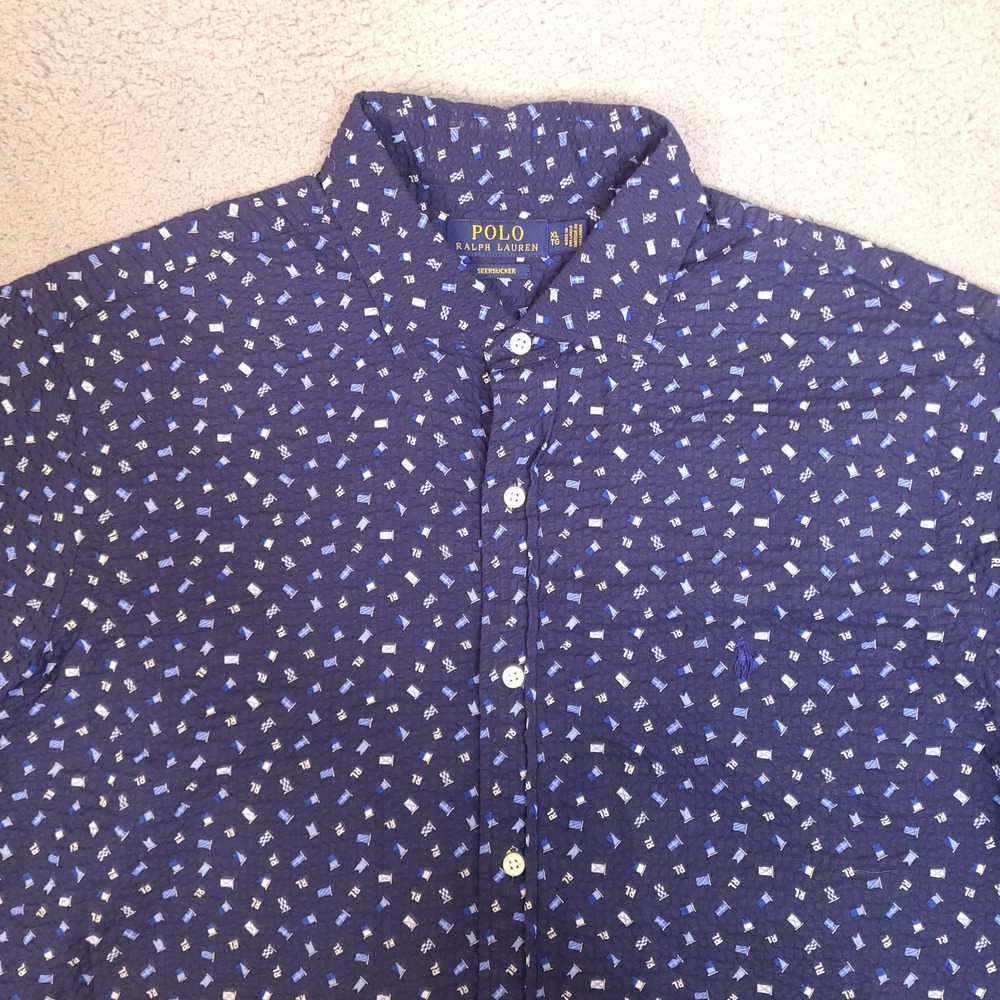 Polo Ralph Lauren Seersucker Shirt Mens XL Navy‎ Blue Nautical Flag Short Sleeve